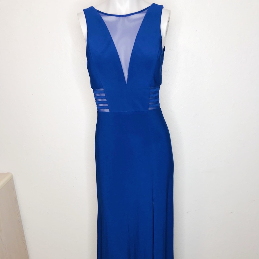 Morgan & co. Side slit deep V mesh blue dress